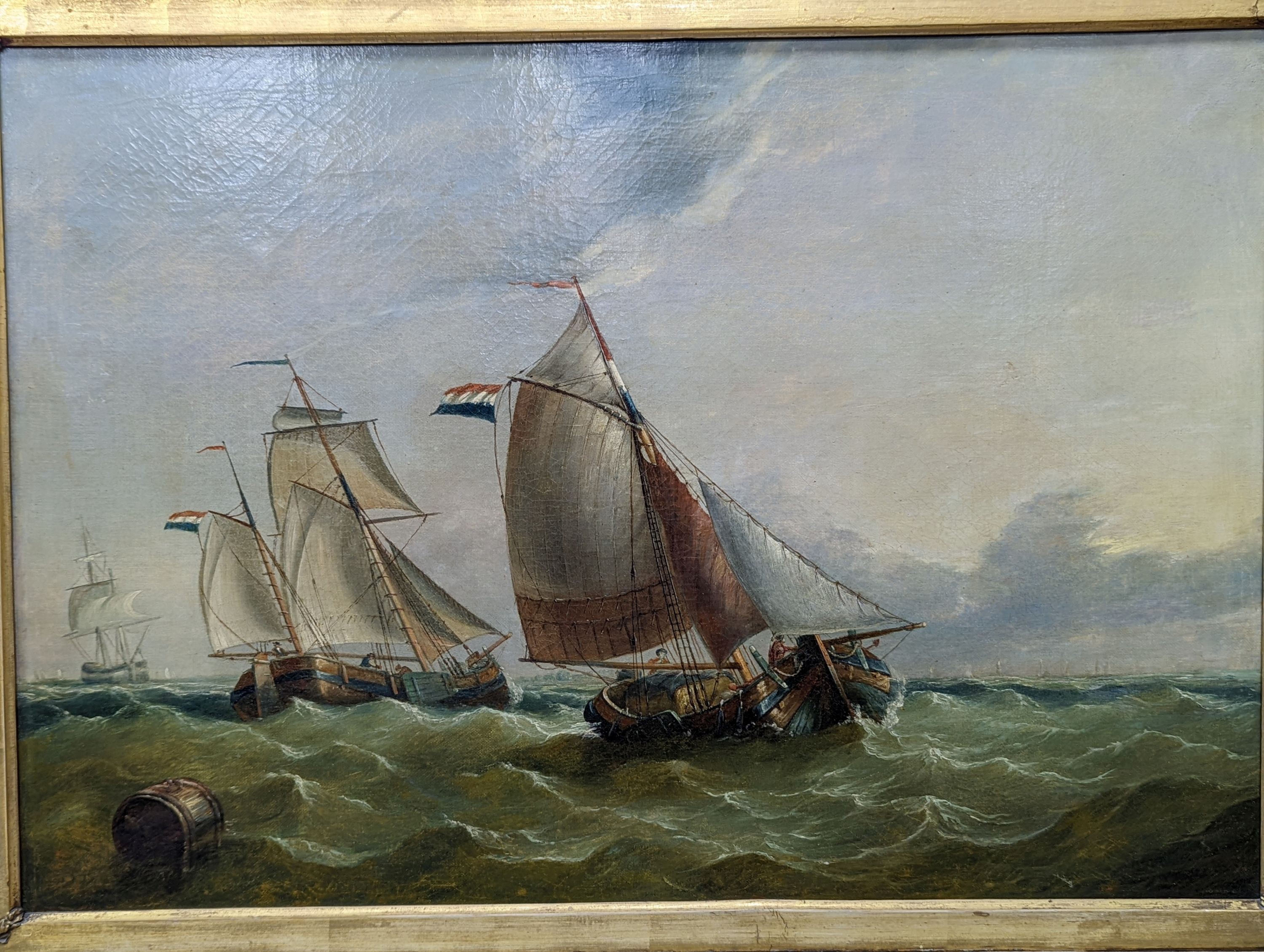 Dutch school, Oil on canvas, fishing boats on choppy waters, c.1900, 40.5 x 59cm